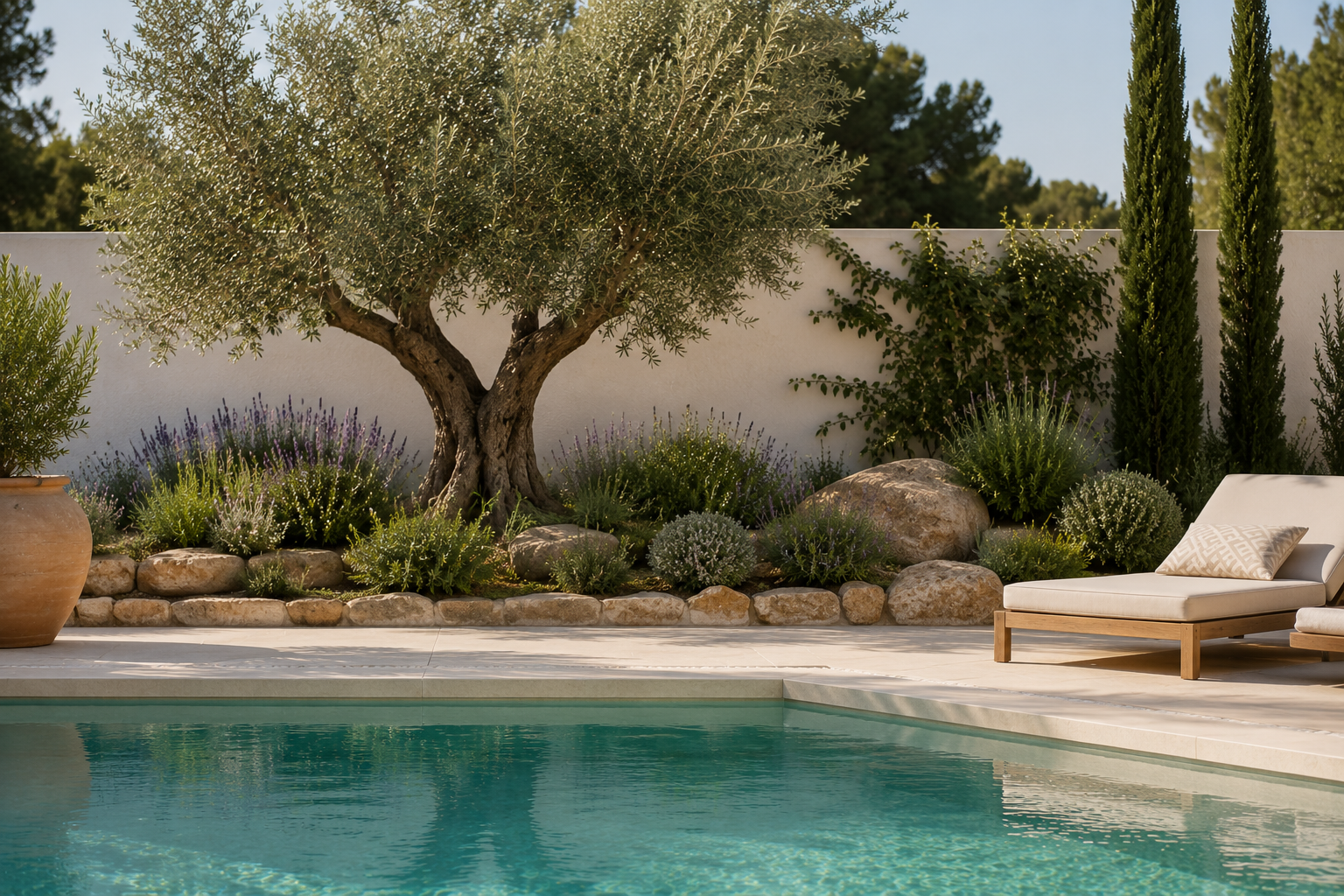 Piscina con olivo